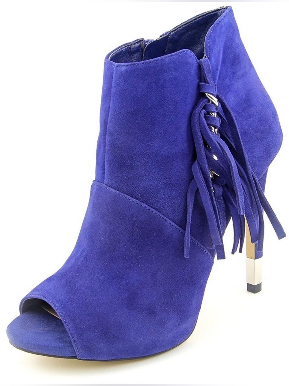 Guess Blue Suede Fringe Peep-Toe Ankle Boots